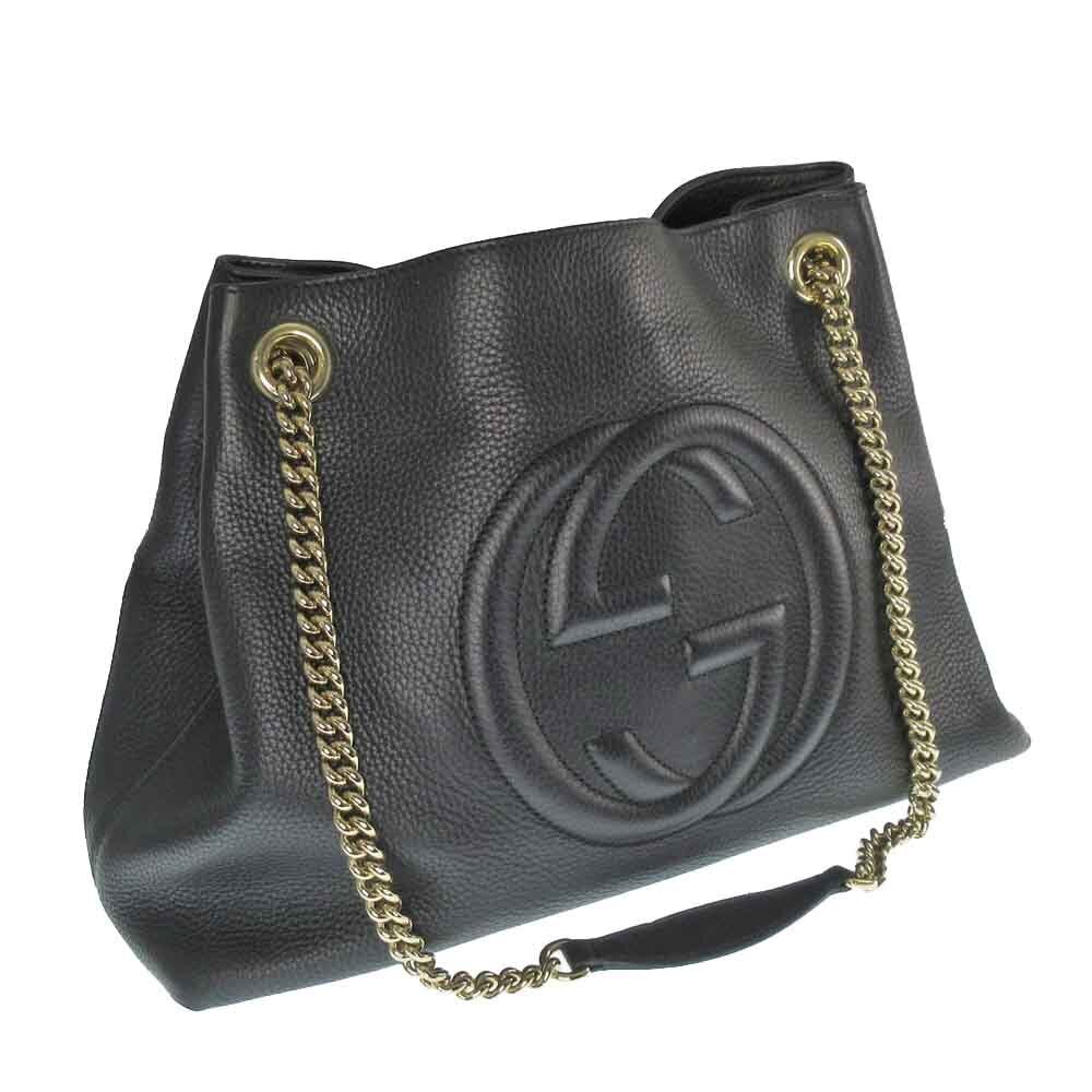 GUCCI Chain Tote Bag Leather Black Gold Handbag Shoulder